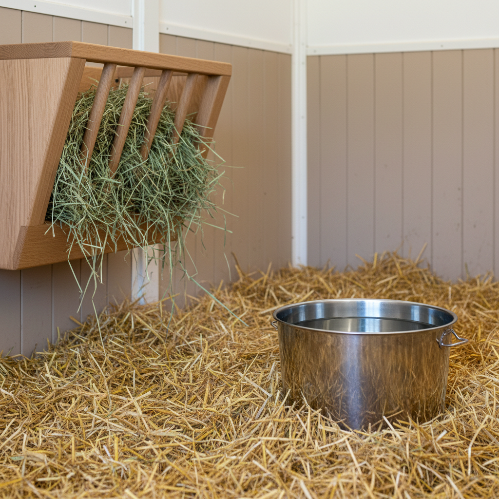 A detailed close-up of a horse stall interior, showcasing fresh golden straw bedding, a matte finish wooden feeder filled with crisp hay, and a stainless steel water pail glimmering with clear water. The sturdy stall walls are painted in soft, neutral tones, radiating cleanliness and order. Gentle, even overhead lighting casts subtle, clean shadows, highlighting the thoughtful design. The composition is centered and tightly framed, focusing on textures and care elements. The mood is serene and reassuring, fitting the professional and structured visual language of an animal care business. The style is photographic with a minimalist, corporate finish.